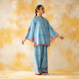 Chameli Mulmul Cotton Farshi Set - Azure
