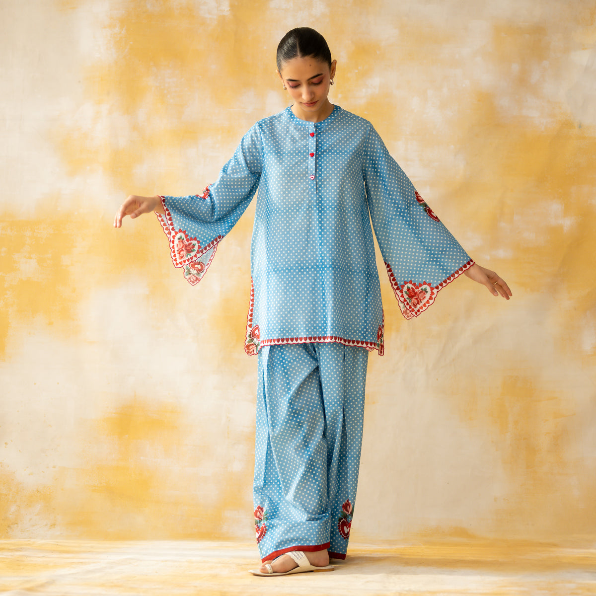 Chameli Mulmul Cotton Farshi Set - Azure