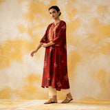 Noora Hand Embroidered Modal Kurta - Red