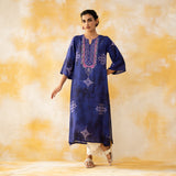 Noora Hand Embroidered Modal Kurta - Ink Blue