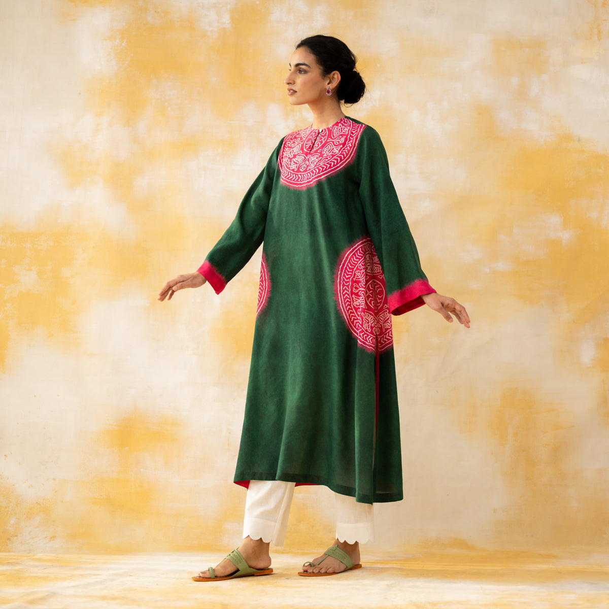 Pitaara Hand Embroidered Modal Kurta - Forest Green