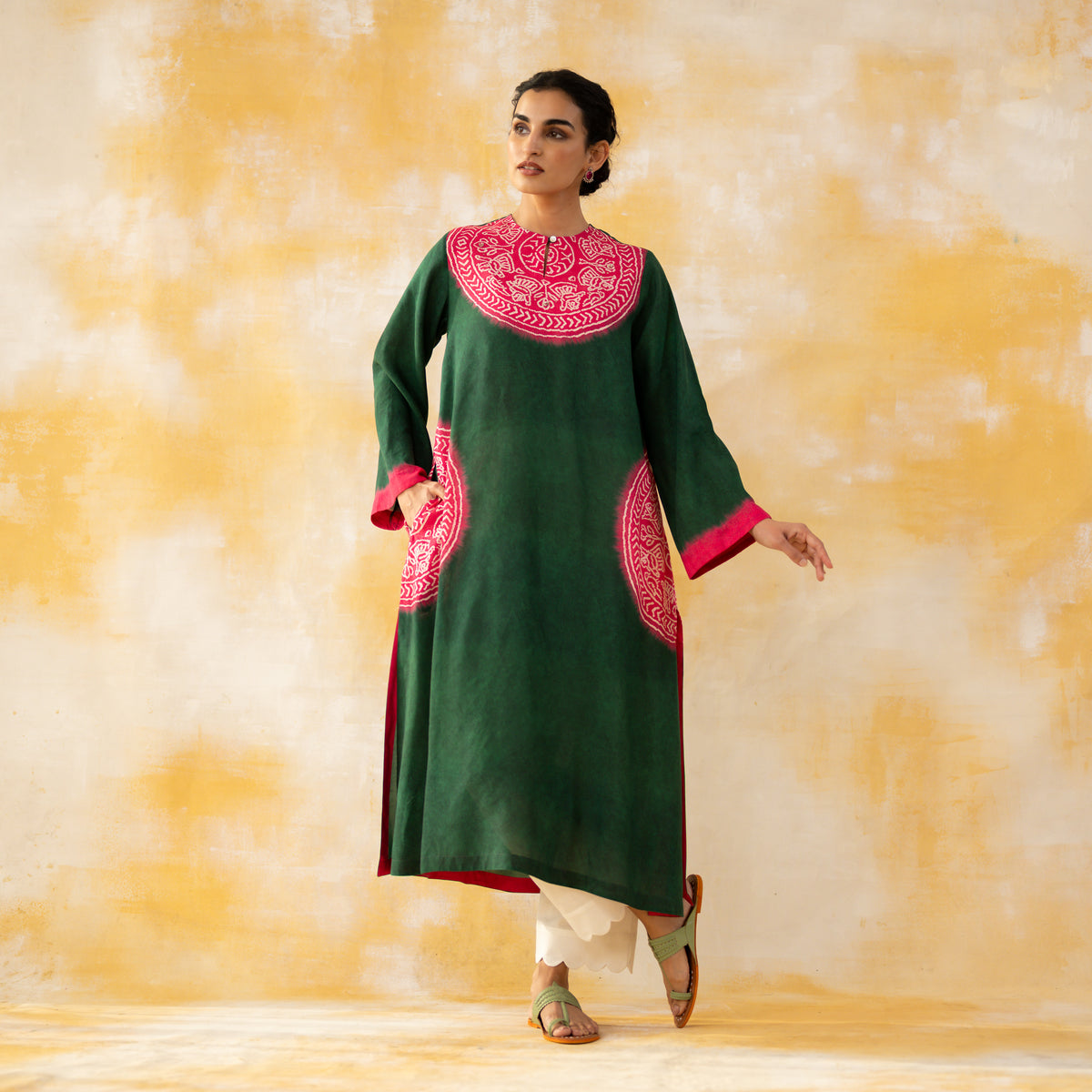 Pitaara Hand Embroidered Modal Kurta - Forest Green