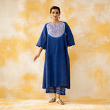 Vamika Hand Embroidered Slub Cotton Kurta Set - Royal Blue