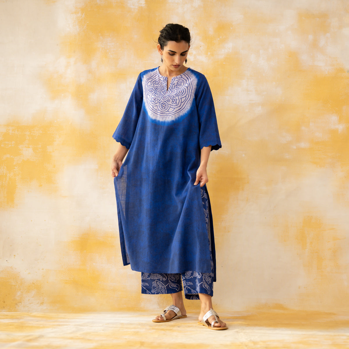 Vamika Hand Embroidered Slub Cotton Kurta Set - Royal Blue