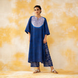Vamika Hand Embroidered Slub Cotton Kurta Set - Royal Blue