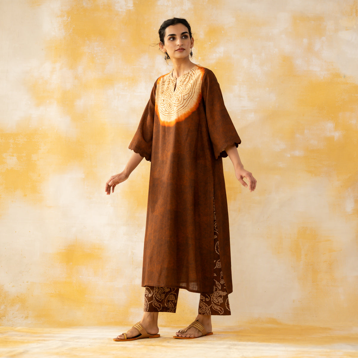 Vamika Hand Embroidered Slub Cotton Kurta Set - Hazelnut Brown