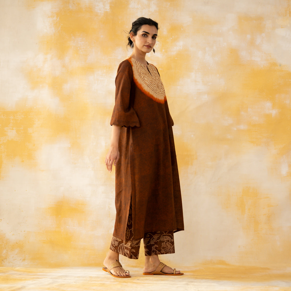 Vamika Hand Embroidered Slub Cotton Kurta Set - Hazelnut Brown