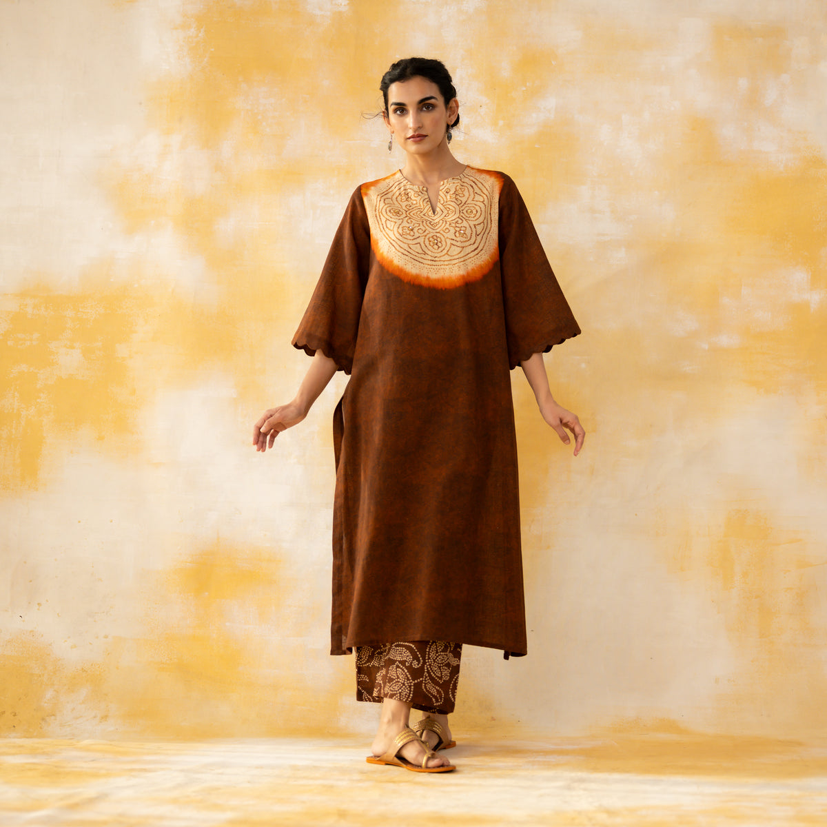 Vamika Hand Embroidered Slub Cotton Kurta Set - Hazelnut Brown