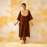 Vamika Hand Embroidered Slub Cotton Kurta Set - Hazelnut Brown