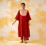 Vamika Hand Embroidered Slub Cotton Kurta Set - Sindoori Red