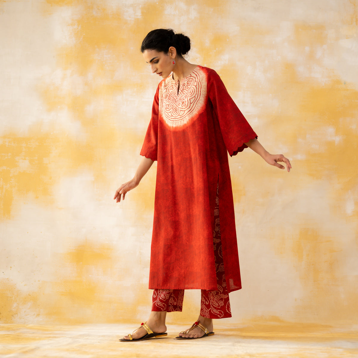 Vamika Hand Embroidered Slub Cotton Kurta Set - Sindoori Red