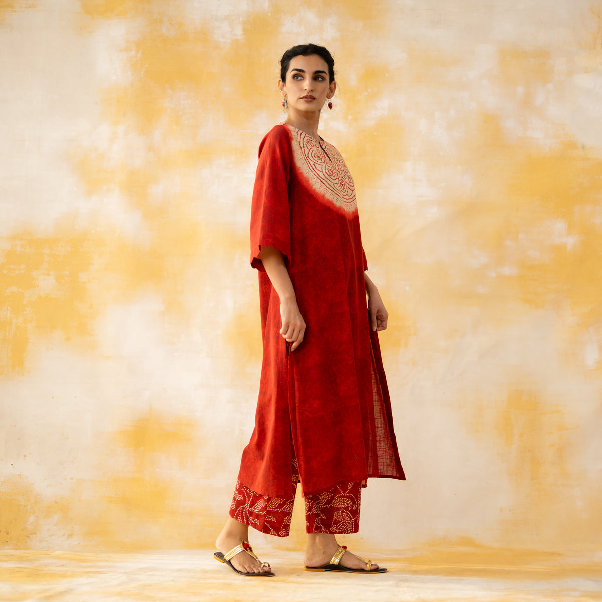 Vamika Hand Embroidered Slub Cotton Kurta Set - Sindoori Red