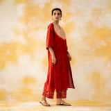 Vamika Hand Embroidered Slub Cotton Kurta Set - Sindoori Red