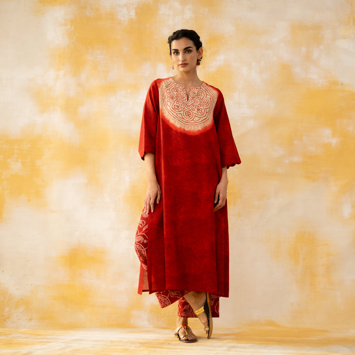 Vamika Hand Embroidered Slub Cotton Kurta Set - Sindoori Red