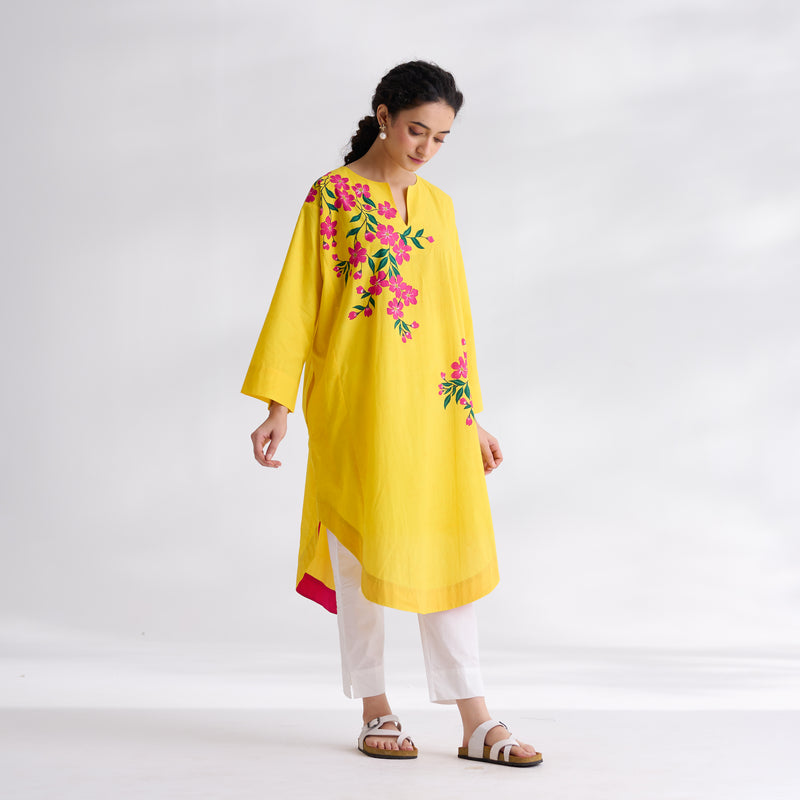 She Wore Flowers Cotton Kurta - Yellow