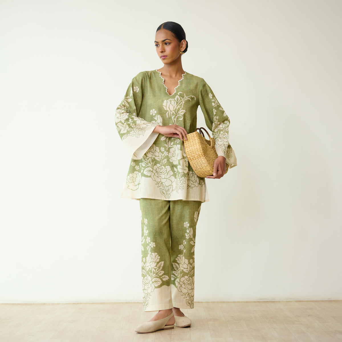 Bellflower Slub Cotton Coord Set - Spinach Green