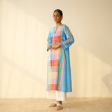 Old Town Slub Cotton Check Kurta - Skyblue