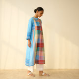 Old Town Slub Cotton Check Kurta - Skyblue
