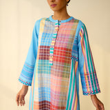 Old Town Slub Cotton Check Kurta - Skyblue