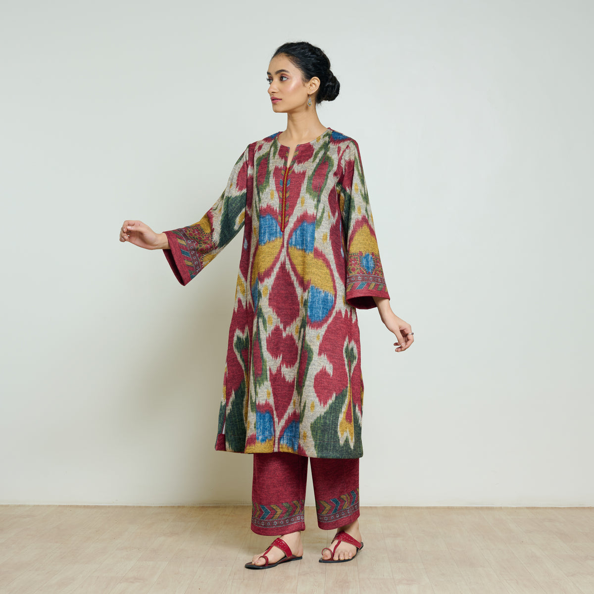 Moonara Hand Embroidered Woollen Kurta Set - Beige
