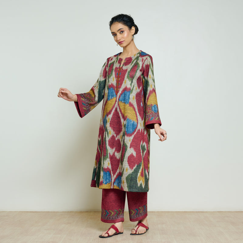 Moonara Hand Embroidered Woollen Kurta Set - Beige