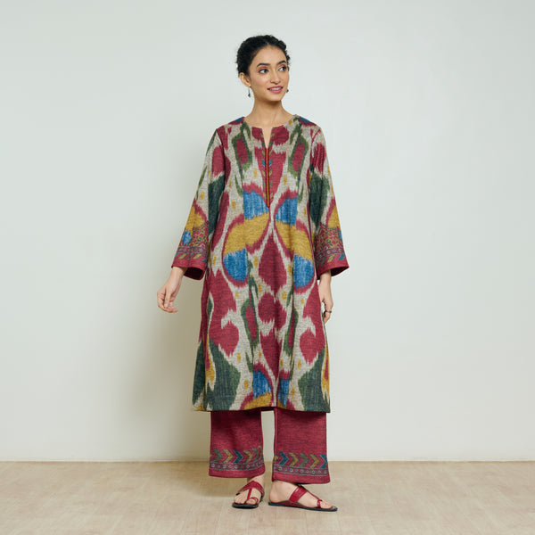 Moonara Hand Embroidered Woollen Kurta Set - Beige