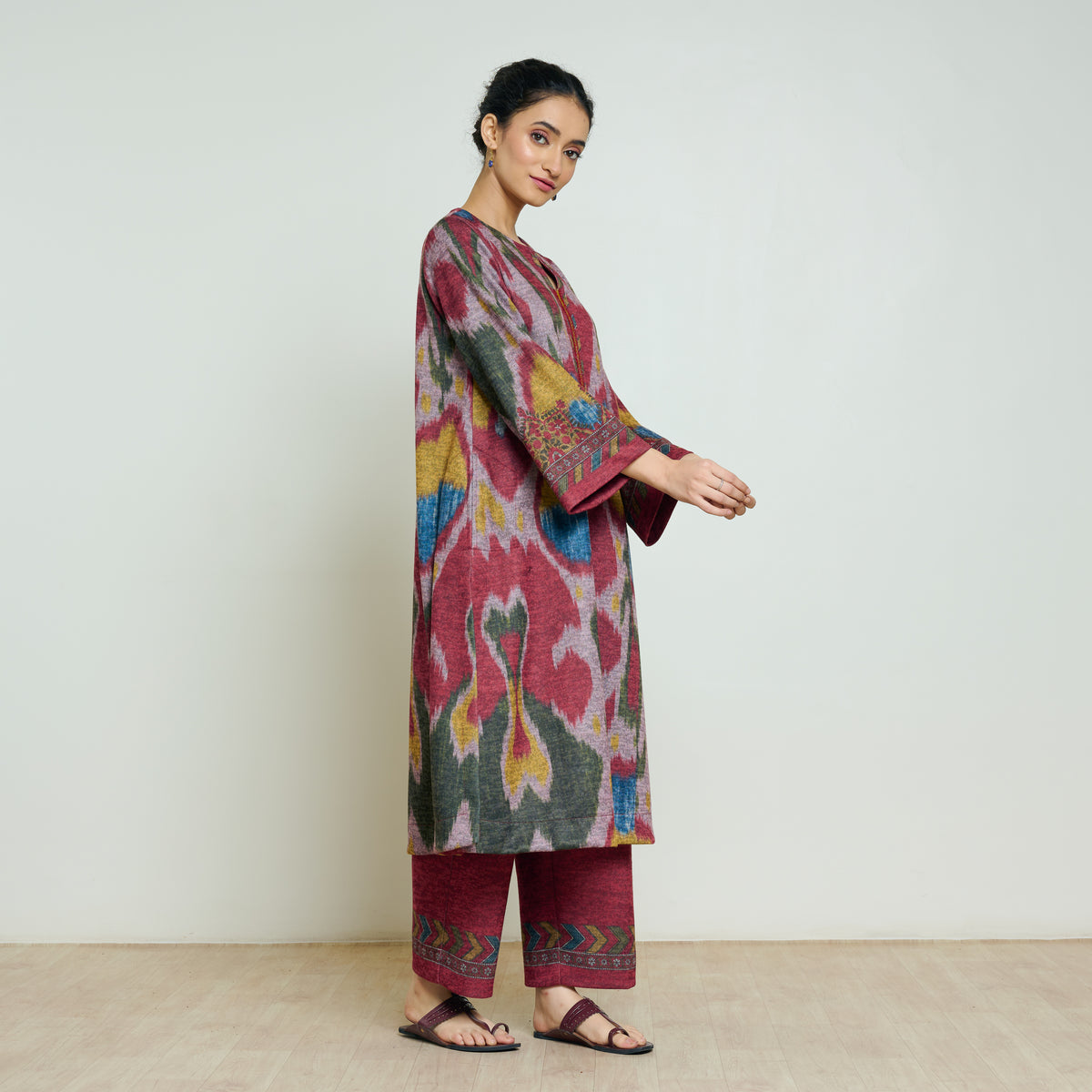 Moonara Hand Embroidered Woollen Kurta Set - Dusty Pink