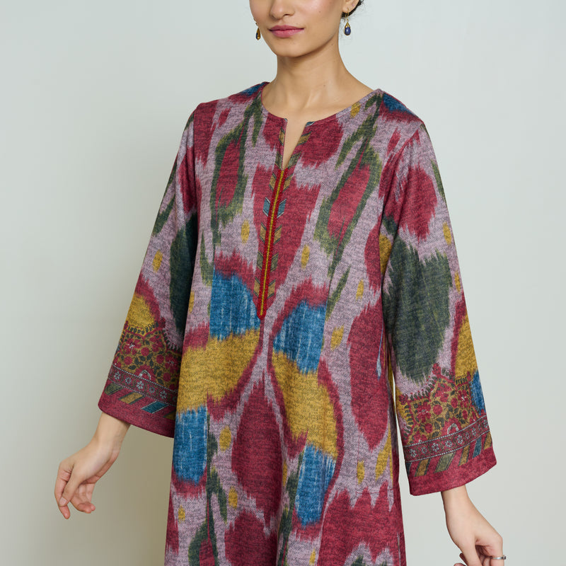 Moonara Hand Embroidered Woollen Kurta Set - Dusty Pink