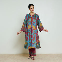 Moonara Hand Embroidered Woollen Kurta Set - Ocean Blue
