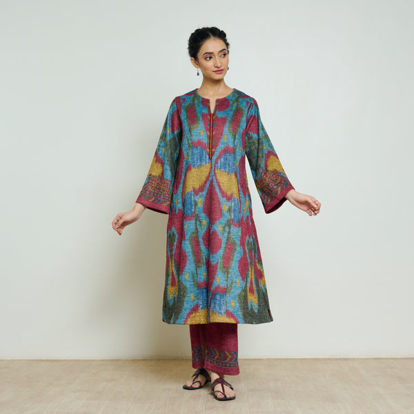 Moonara Hand Embroidered Woollen Kurta Set - Ocean Blue