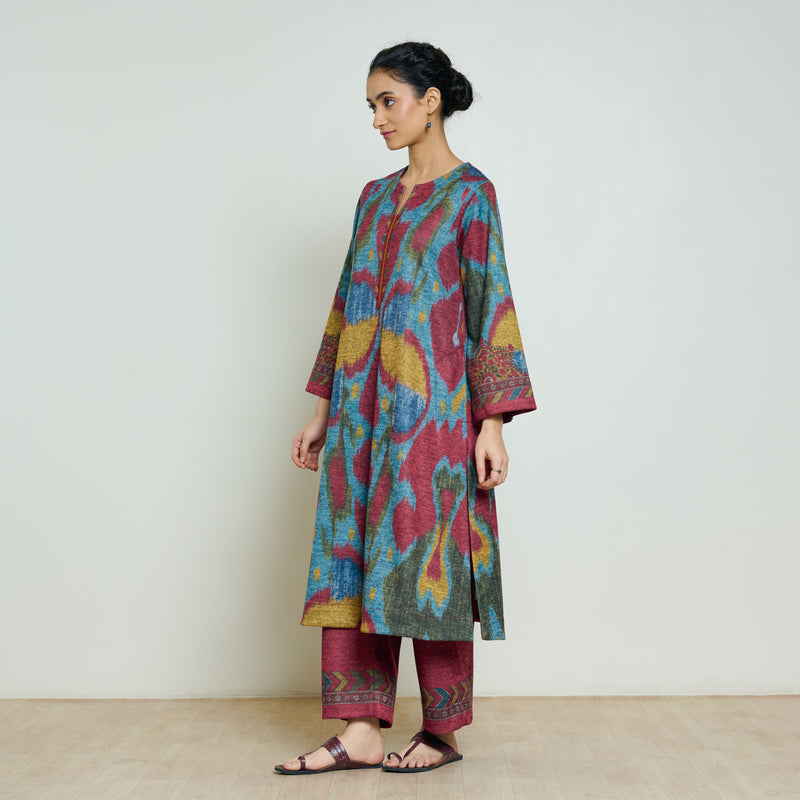 Moonara Hand Embroidered Woollen Kurta - Ocean Blue