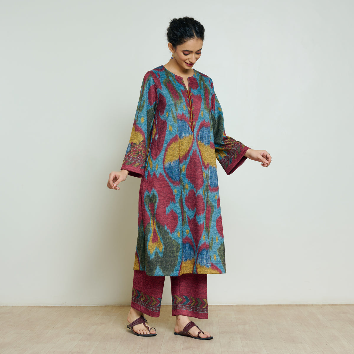 Moonara Hand Embroidered Woollen Kurta Set - Ocean Blue