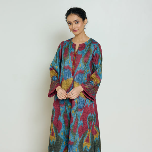 Moonara Hand Embroidered Woollen Kurta - Ocean Blue