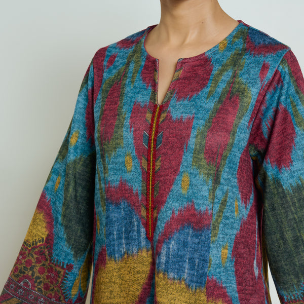 Moonara Hand Embroidered Woollen Kurta Set - Ocean Blue