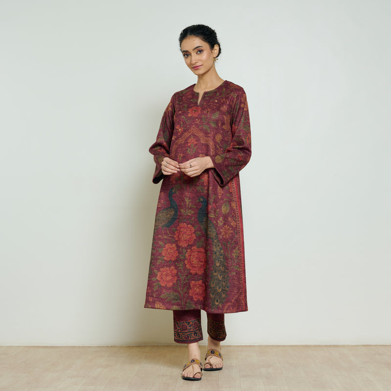 Valley of Flowers Hand Embroidered Woollen Kurta - Brick Red