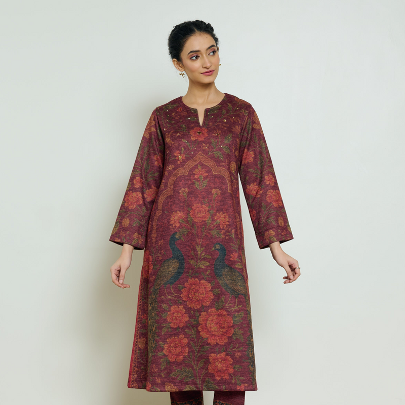 Valley of Flowers Hand Embroidered Woollen Kurta - Brick Red