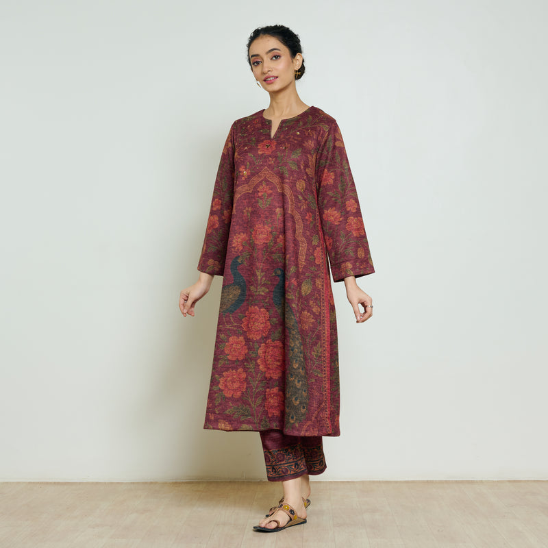 Valley of Flowers Hand Embroidered Woollen Kurta Set - Brick Red
