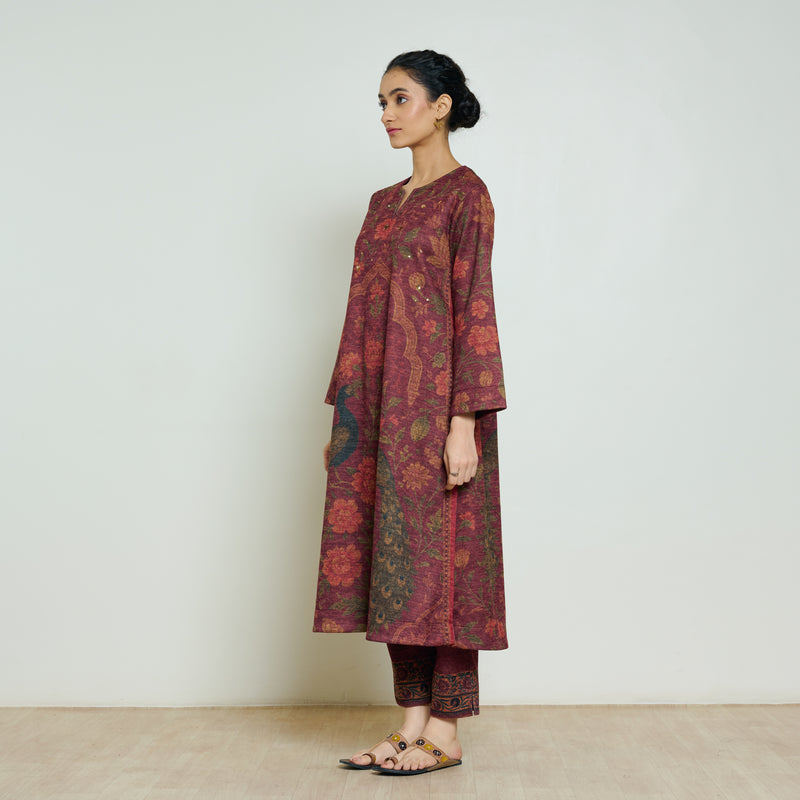 Valley of Flowers Hand Embroidered Woollen Kurta - Brick Red