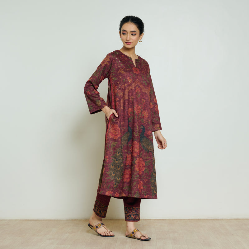 Valley of Flowers Hand Embroidered Woollen Kurta Set - Brick Red