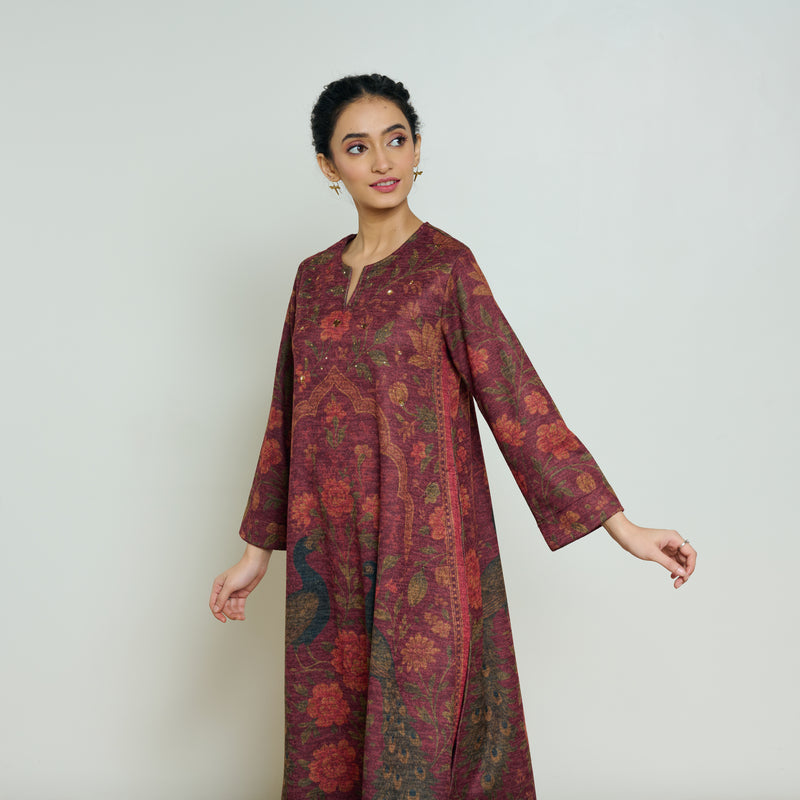 Valley of Flowers Hand Embroidered Woollen Kurta - Brick Red