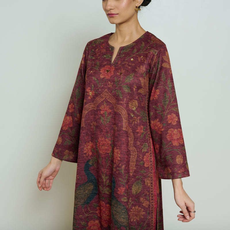 Valley of Flowers Hand Embroidered Woollen Kurta Set - Brick Red