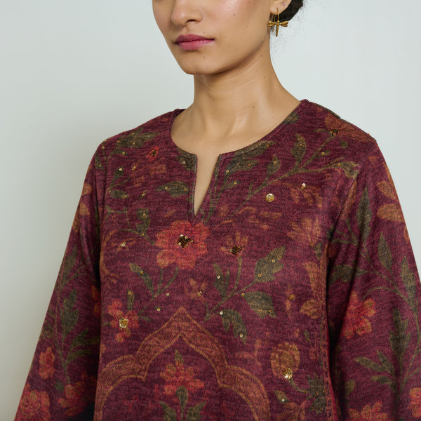 Valley of Flowers Hand Embroidered Woollen Kurta Set - Brick Red