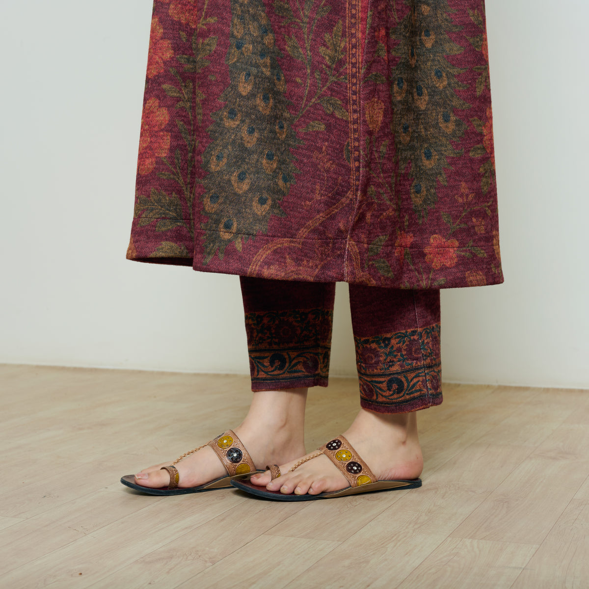 Valley of Flowers Hand Embroidered Woollen Kurta Set - Brick Red