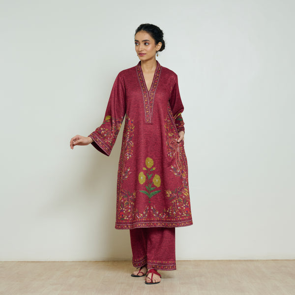 Gulmohar Woollen Kurta Set - Brick Red