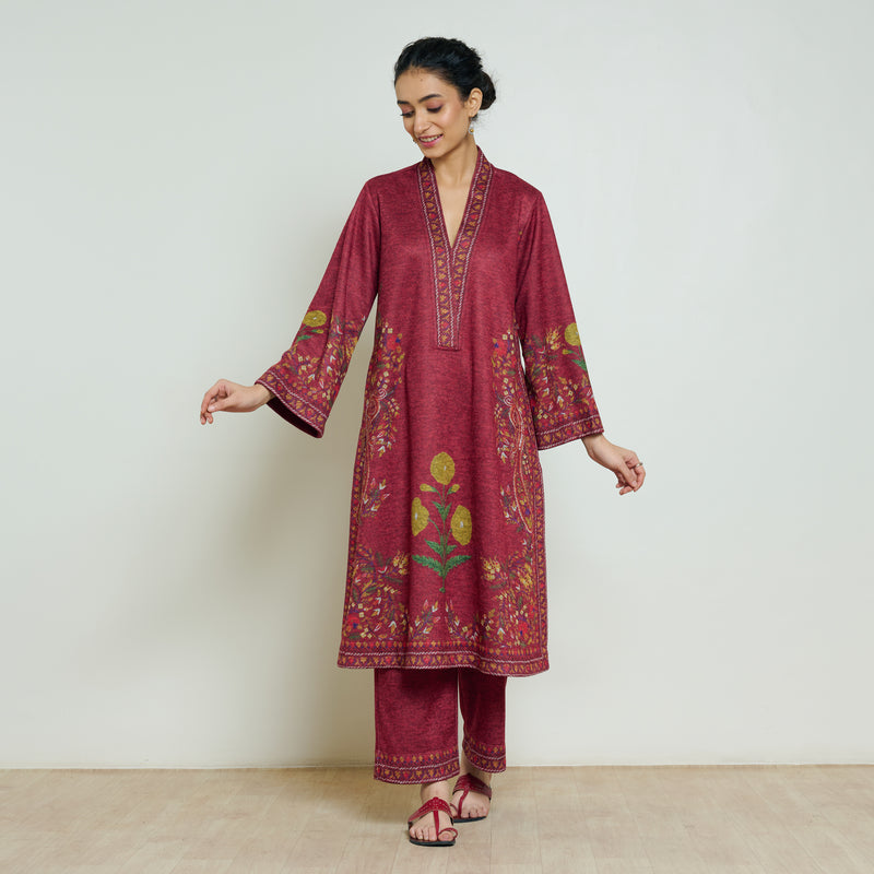 Gulmohar Woollen Kurta Set - Brick Red