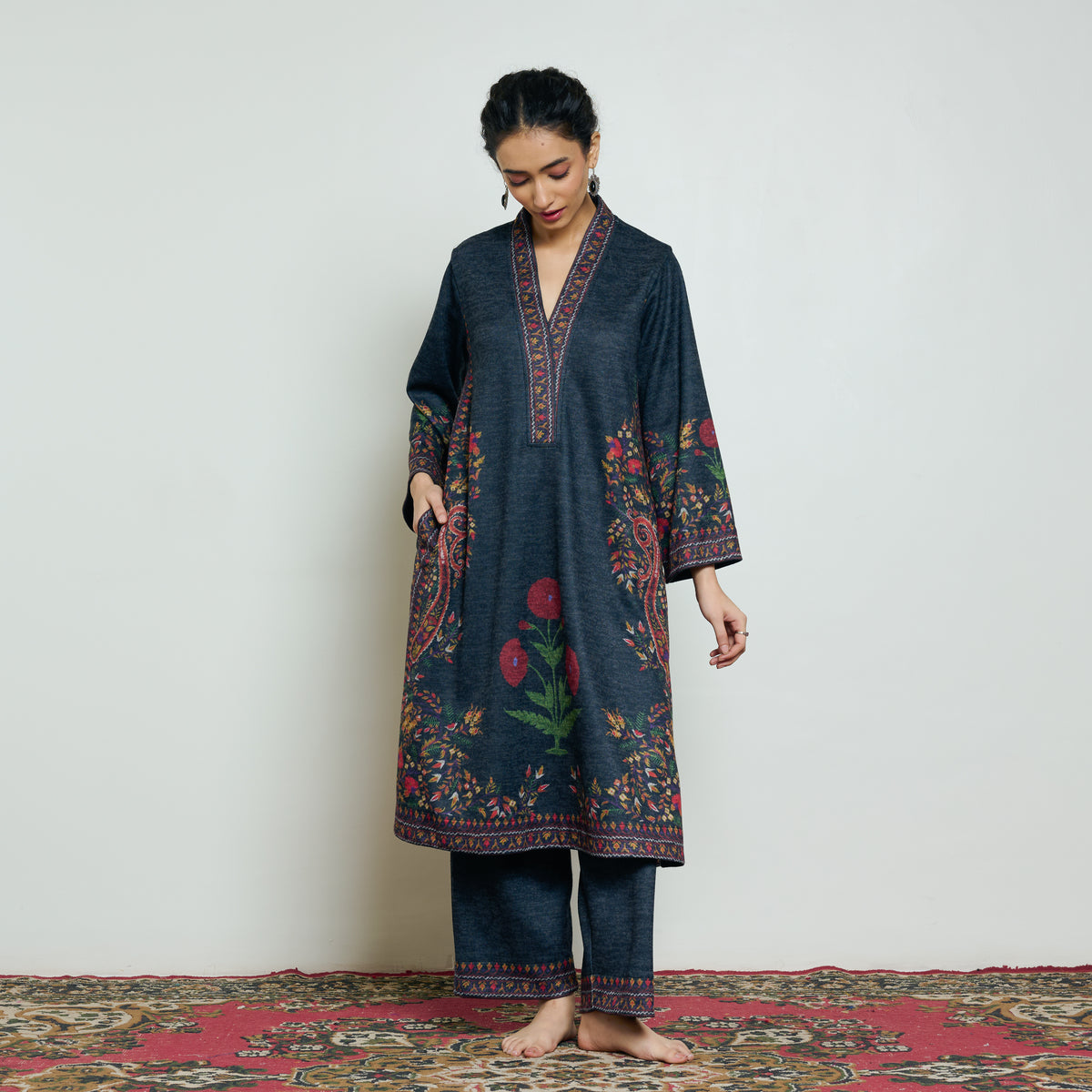Gulmohar Woollen Kurta Set - Charcoal