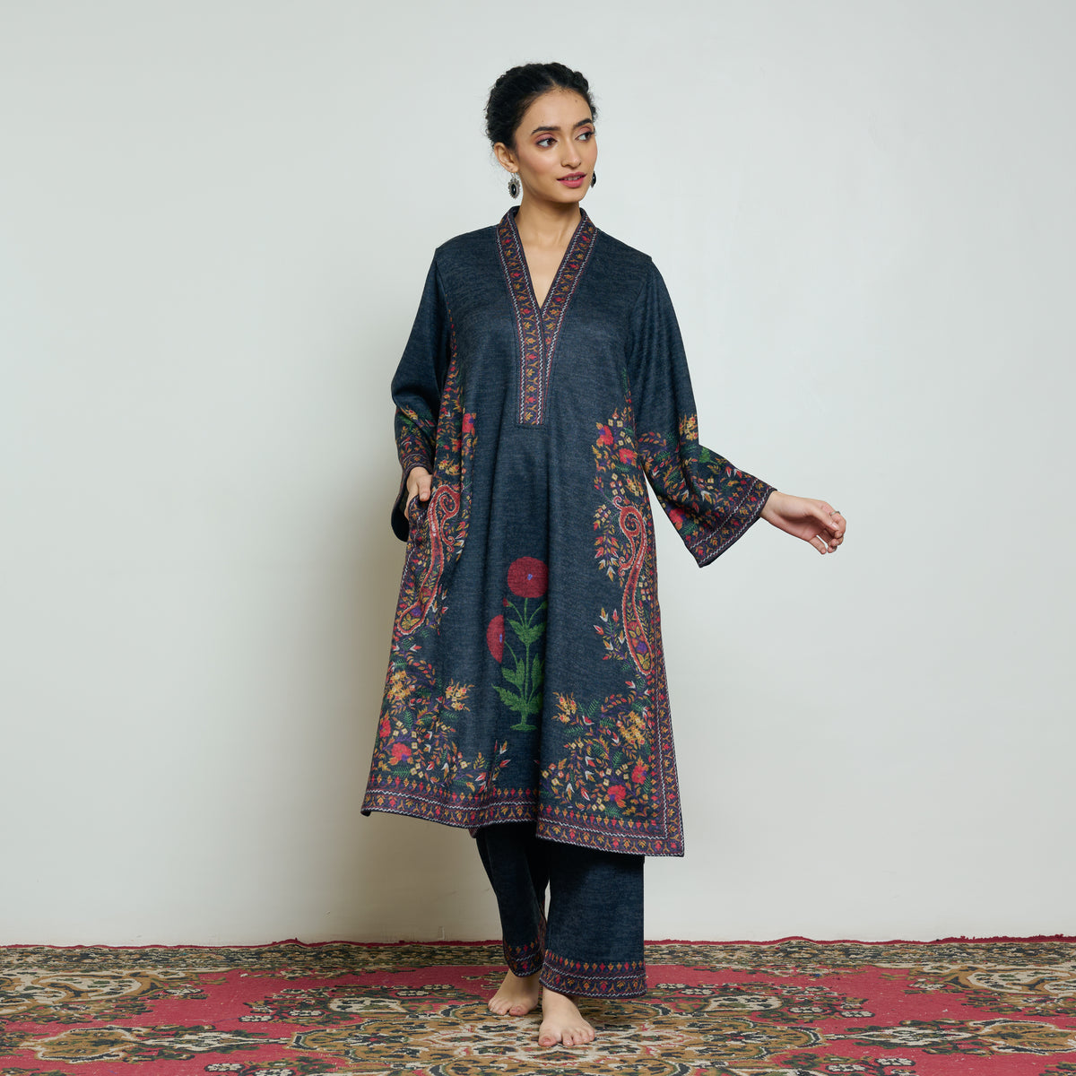 Gulmohar Woollen Kurta Set - Charcoal
