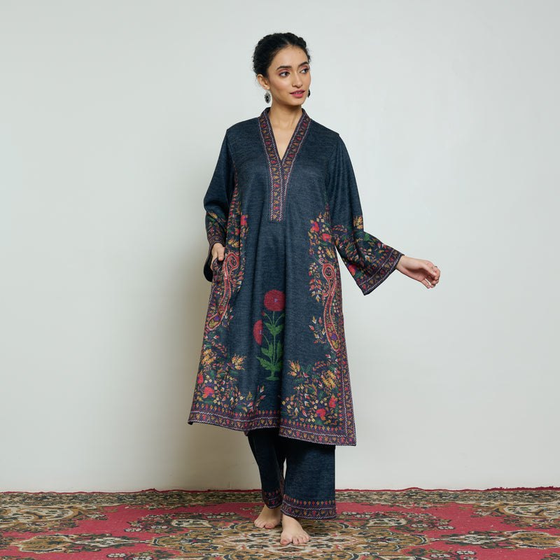 Gulmohar Woollen Kurta Set - Charcoal