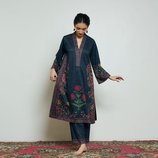 Gulmohar Woollen Kurta Set - Charcoal