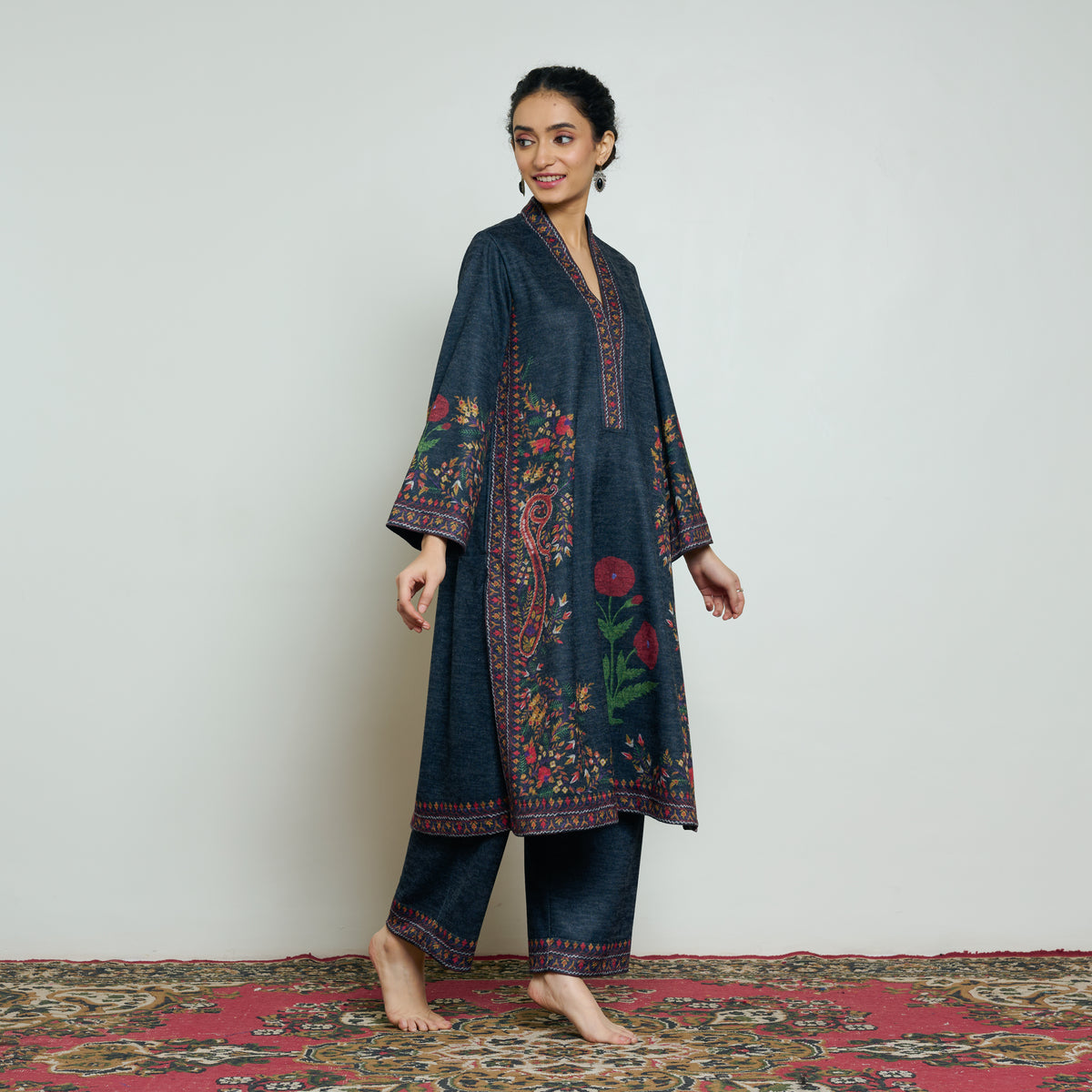 Gulmohar Woollen Kurta Set - Charcoal
